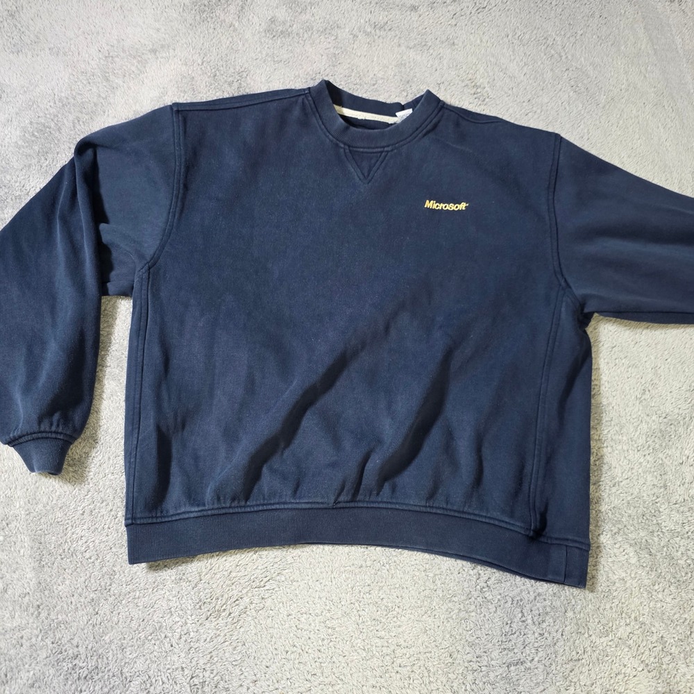 Microsoft Mens L Sweatshirt Navy Blue Vintage Gold Embroidered Logo Tech Cotton